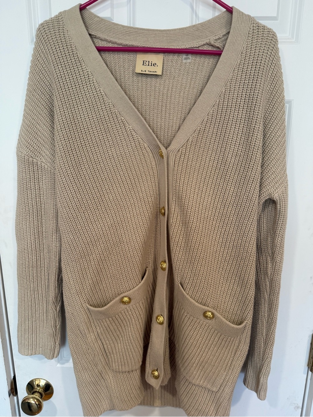 Elie Tahari Beige Knit Cardigan with Gold Buttons